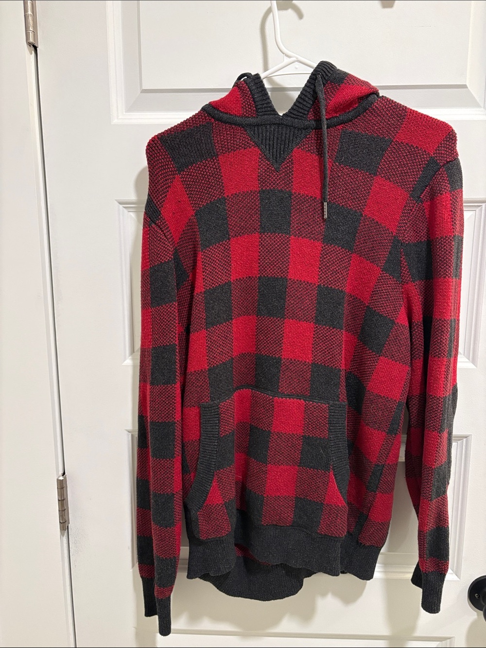LL Bean Men's Red and Black Buffalo Plaid Knit Hoodie Sweater